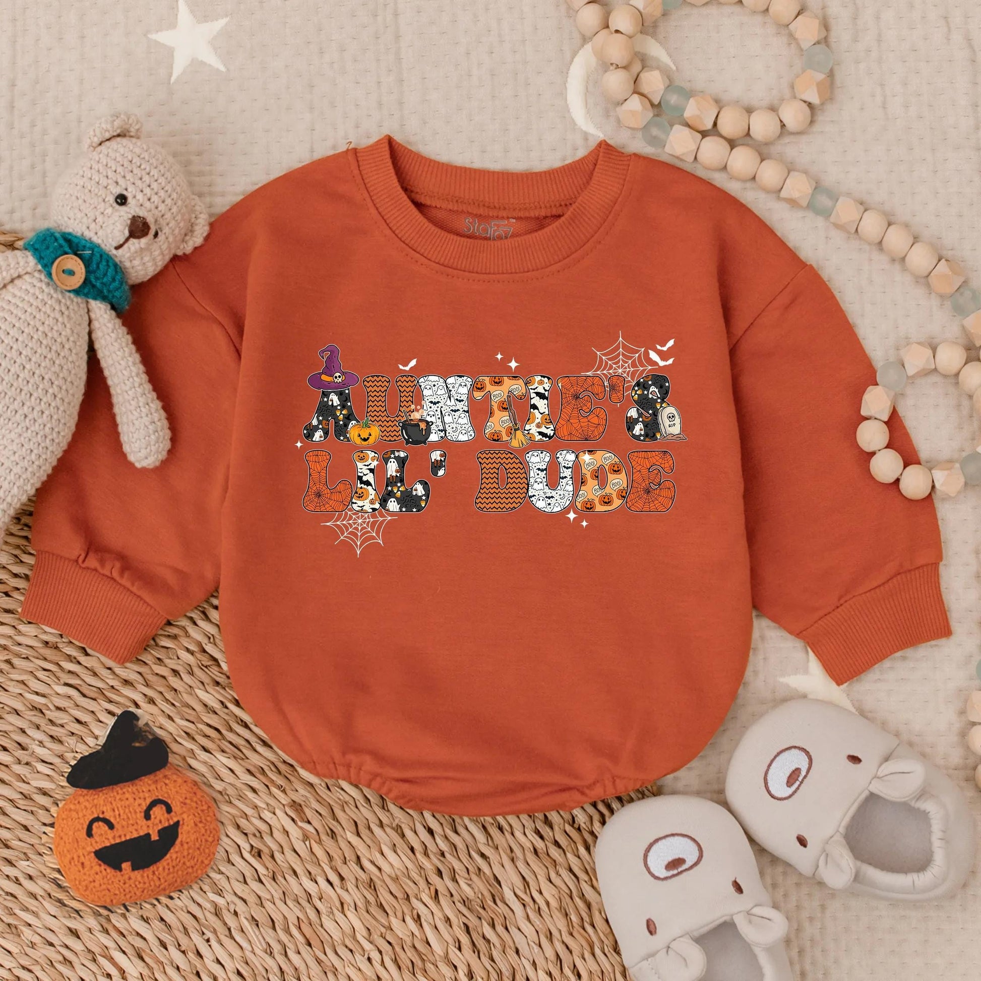 Auntie's Little Dude Halloween Romper Baby Boy Spooky Outfit Fall Infant Bodysuit Cute Gift for Nephew First Halloween Look