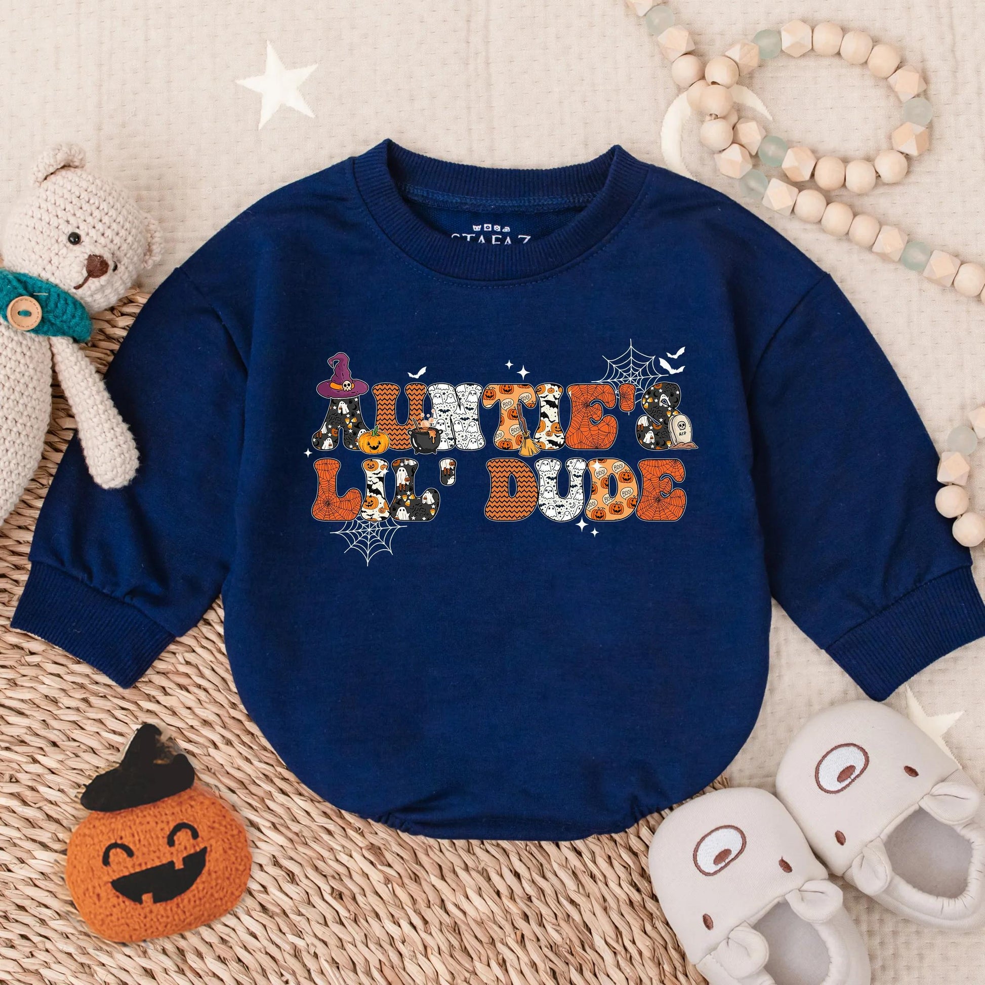Auntie's Little Dude Halloween Romper Baby Boy Spooky Outfit Fall Infant Bodysuit Cute Gift for Nephew First Halloween Look