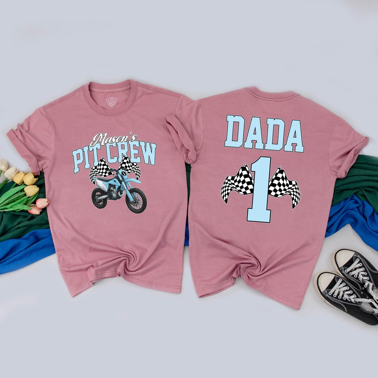 Personalized Dirt Bike Pit Crew Family Matching Birthday Tees and Rompers for First Birthday Boy Outfit Motorcycle Party Gift