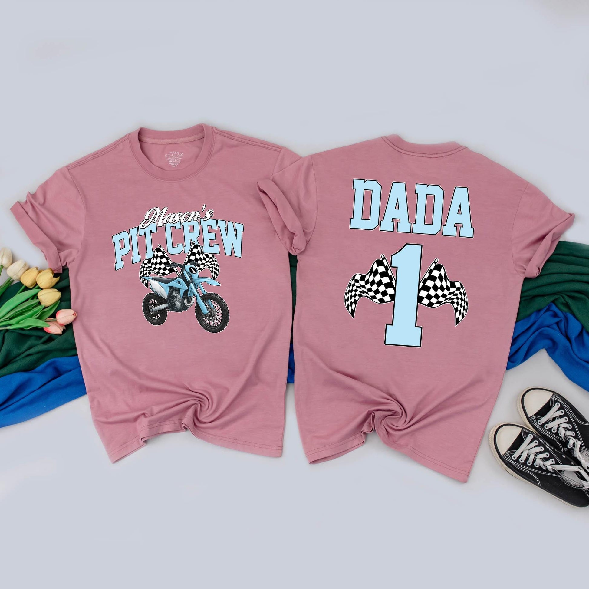 Personalized Dirt Bike Pit Crew Family Matching Birthday Tees and Rompers for First Birthday Boy Outfit Motorcycle Party Gift