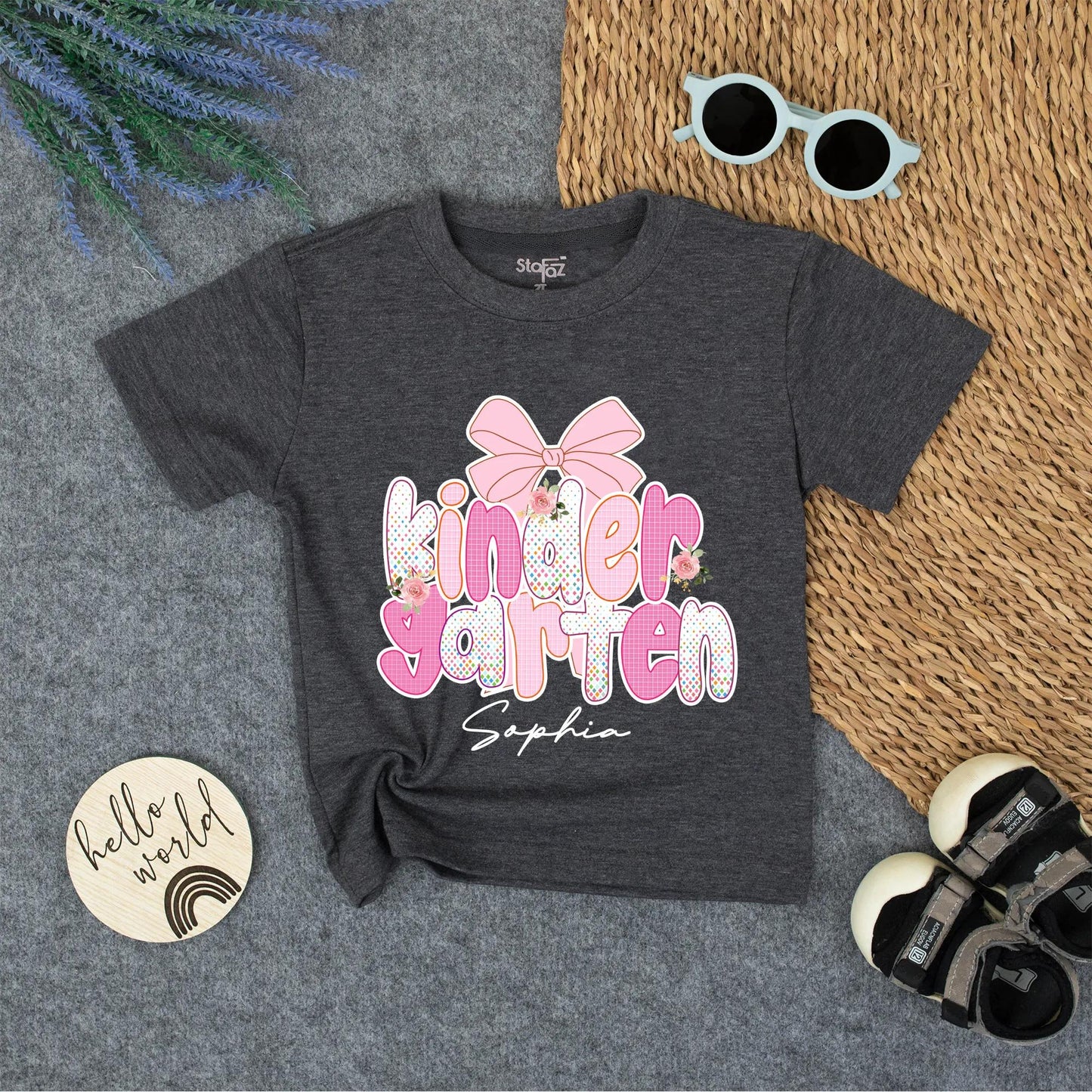 Sophia's Kindergarten School Shirt with Pink Bow Floral Design Personalized First Day Toddler Girl Tee Back to School Outfit