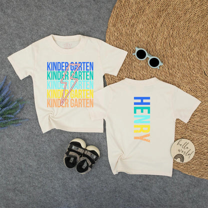 Rainbow Lightning Kindergarten T-Shirt Custom Henry Name Back to School Tee for Boys First Day Preschool Kids