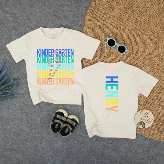 Rainbow Lightning Kindergarten T-Shirt Custom Henry Name Back to School Tee for Boys First Day Preschool Kids