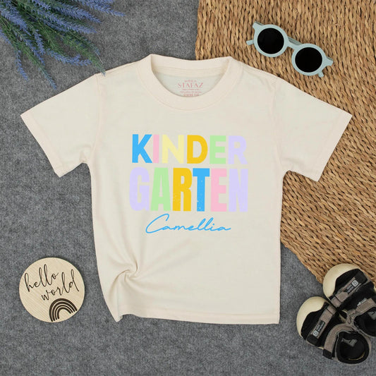 Personalized Kindergarten Shirt for Girls Custom Name Back to School Rainbow Pastel Tee Cute First Day Preschool Outfit Cheerful Design