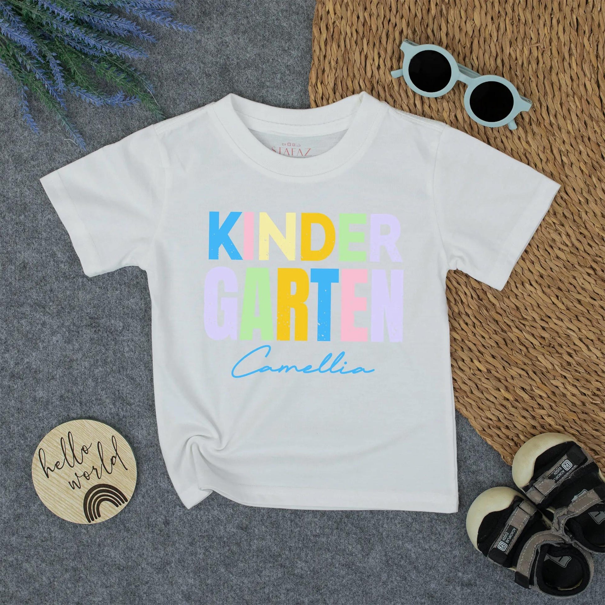 Personalized Kindergarten Shirt for Girls Custom Name Back to School Rainbow Pastel Tee Cute First Day Preschool Outfit Cheerful Design
