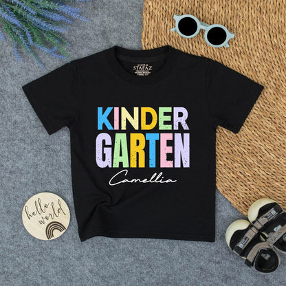 Personalized Kindergarten Shirt for Girls Custom Name Back to School Rainbow Pastel Tee Cute First Day Preschool Outfit Cheerful Design