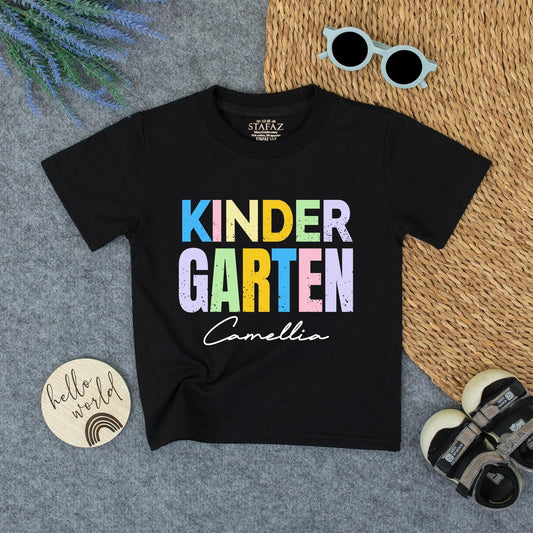 Personalized Kindergarten Shirt for Girls Custom Name Back to School Rainbow Pastel Tee Cute First Day Preschool Outfit Cheerful Design