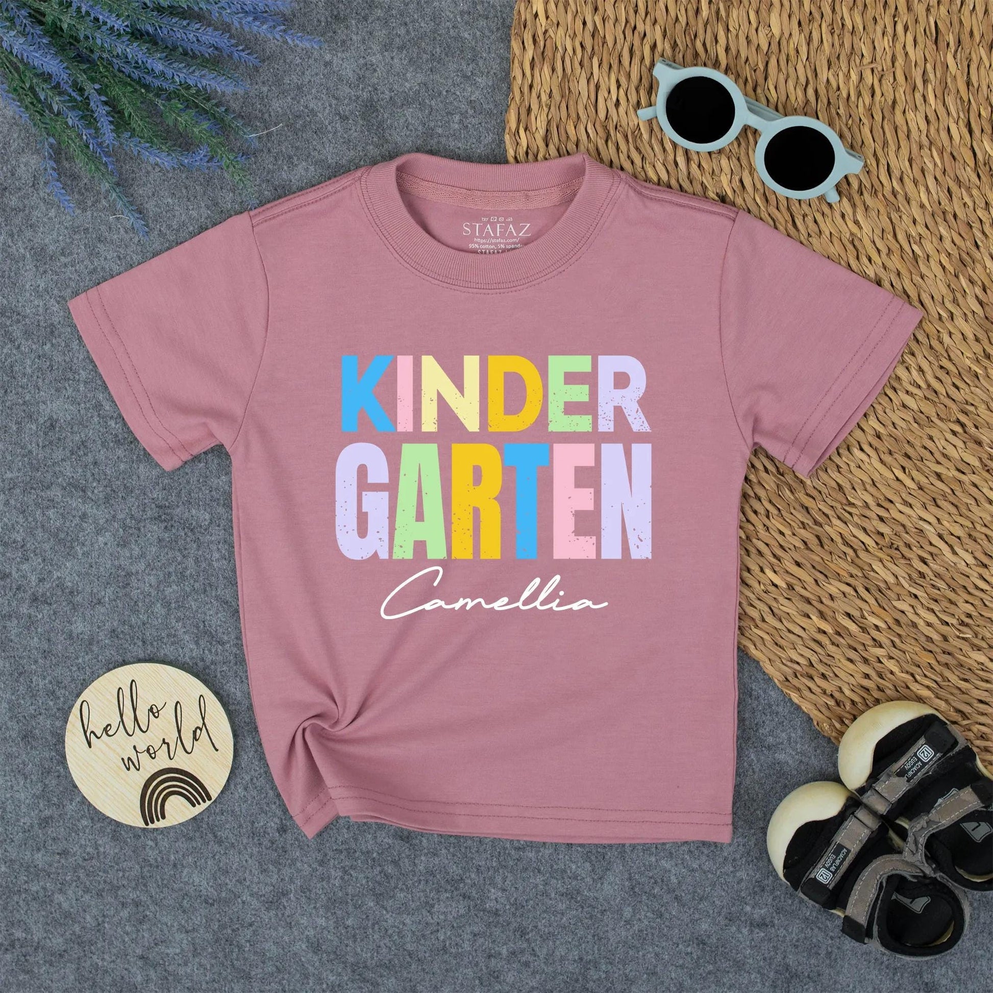 Personalized Kindergarten Shirt for Girls Custom Name Back to School Rainbow Pastel Tee Cute First Day Preschool Outfit Cheerful Design
