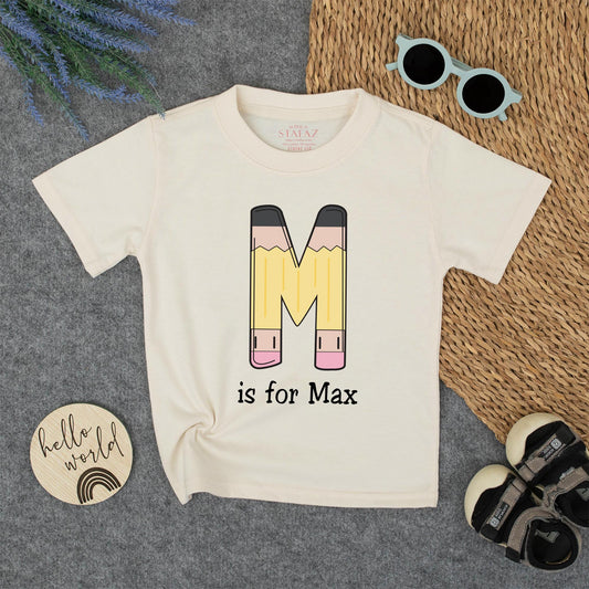 Pencil 'M' is for Max Kid Shirt First Day of School Outfit Toddler Custom Name Tee Back to School Boy