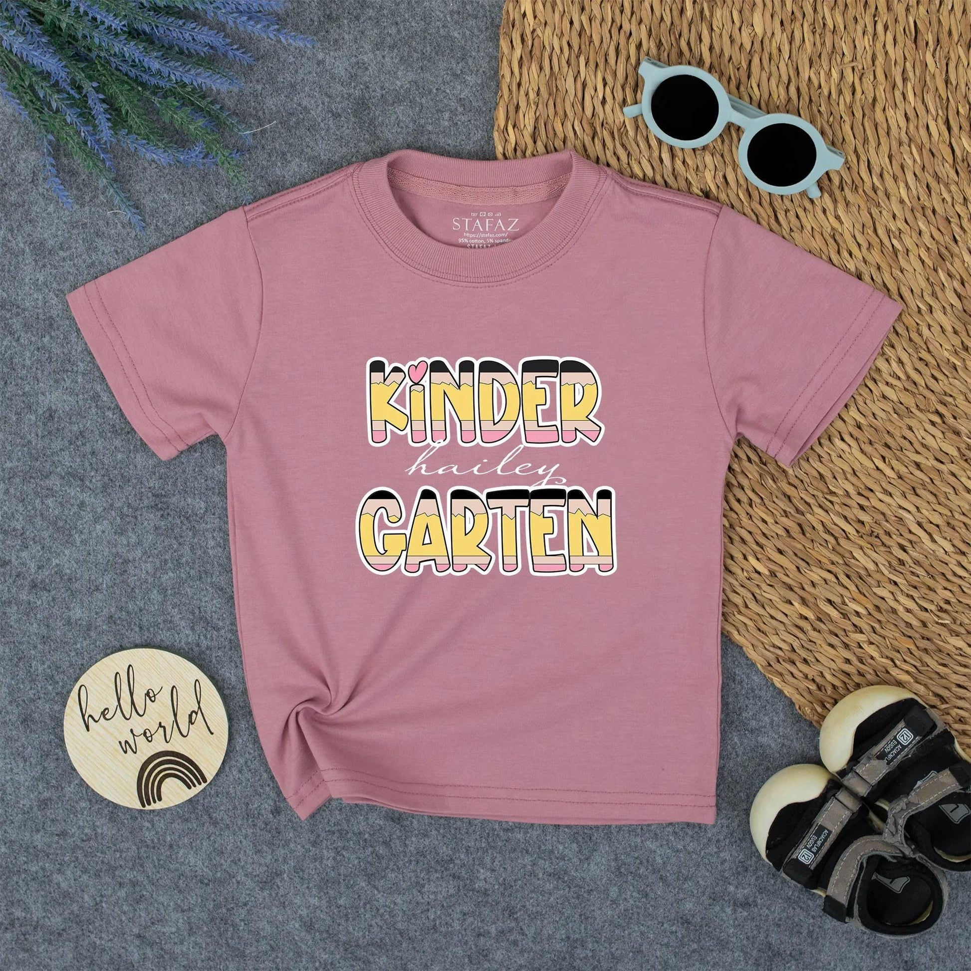 Custom Hailey Kindergarten Pencil Stripe Name Shirt Cute Pink Heart First Day Back to School Girls Toddler Tee