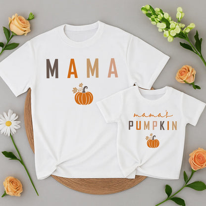 Mama & Mama's Pumpkin Matching Fall Shirts, Mommy and Me Thanksgiving Outfits, Cute Kid's Tee, Matching Family Outfit Warm Muted Colors Baby Toddler  
