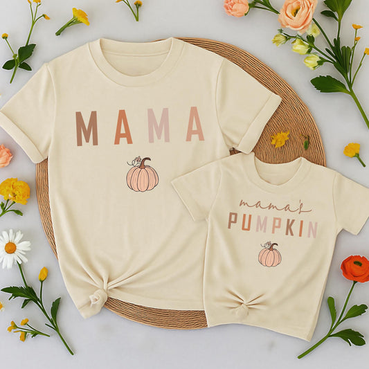 Mama & Mama's Pumpkin Matching Fall Shirts Set - Cute Mommy and Me Thanksgiving Outfit, Autumn T-Shirts for Mom, Baby & Kids - Perfect Fall Gift