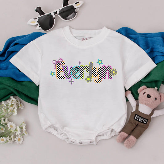 Personalized Checkered Name Bubble Romper Neon Print Baby Girl First Birthday Outfit Soft Comfortable Shower Gift