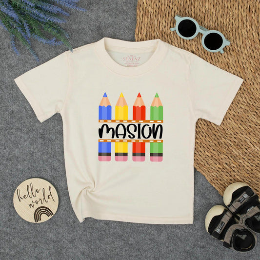 Kids Colorful Crayon Name Shirt School Tee Boys Back to School Kindergarten Preschool Toddler First Day Outfit Gift
