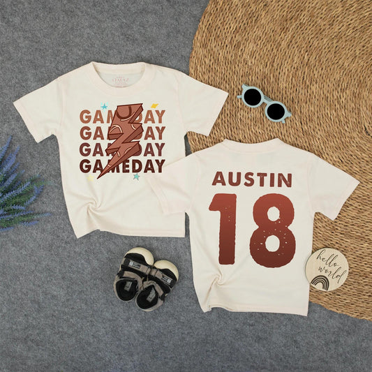 Custom Gameday Austin 18 Youth Football Tee with Lightning Bolt & Stars Design for Kids Back To School Outfit