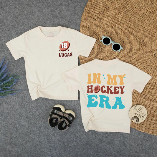 Retro Lucas 18 Hockey Era Shirt for Kids Custom Name Number Vintage Golden Brown Turquoise Psychedelic Style Toddler Back to School Sports Tee Gift