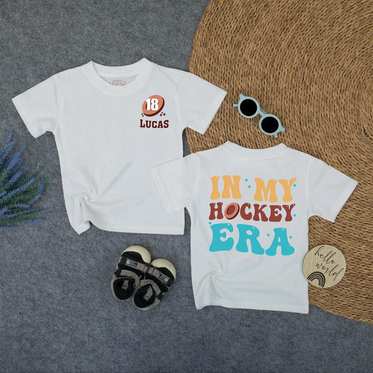 Retro Lucas 18 Hockey Era Shirt for Kids Custom Name Number Vintage Golden Brown Turquoise Psychedelic Style Toddler Back to School Sports Tee Gift