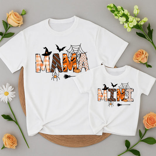 Mama and Mini Halloween Matching Shirts Spooky Pumpkin Spiderweb Witch Hat Black Orange Family Outfits Mommy and Me Party Gift
