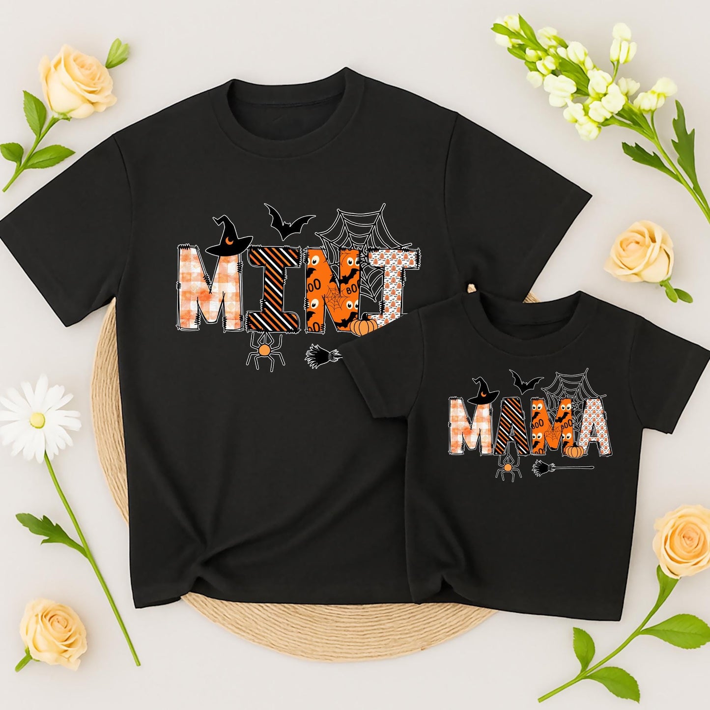 Mama and Mini Halloween Matching Shirts Spooky Pumpkin Spiderweb Witch Hat Black Orange Family Outfits Mommy and Me Party Gift