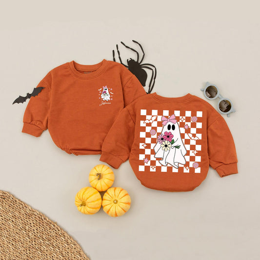 Personalized Name Ghost Baby Bodysuit - Cute Halloween Outfit for Baby Girl or Toddler - Floral & Star Design