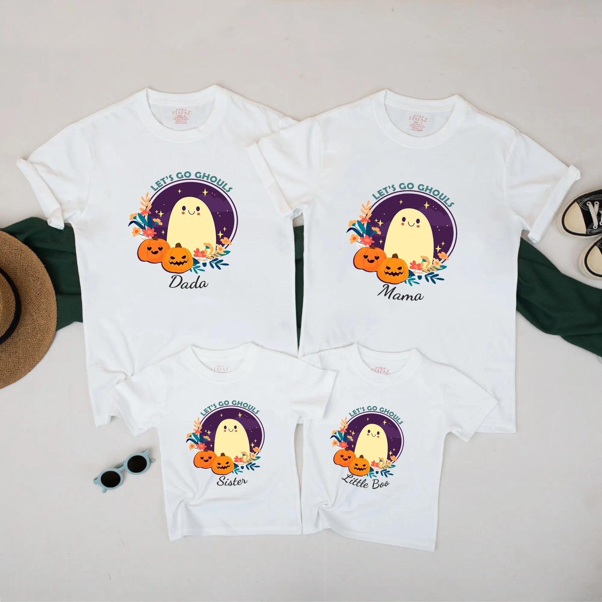 Let's Go Ghouls Halloween Matching Family Shirts, Cute Ghost & Pumpkins Fall Tee for Dada, Mama, Sister, Little Boo Cotton Outfit (134 chars)