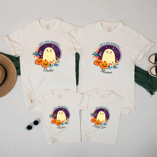 Let's Go Ghouls Halloween Matching Family Shirts, Cute Ghost & Pumpkins Fall Tee for Dada, Mama, Sister, Little Boo Cotton Outfit (134 chars)
