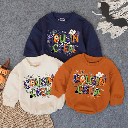 Custom Name Cousin Crew Halloween Bubble Romper - Matching Family Outfit for Baby & Toddler Spooky Fun - Fall Gift Idea (138 chars)
