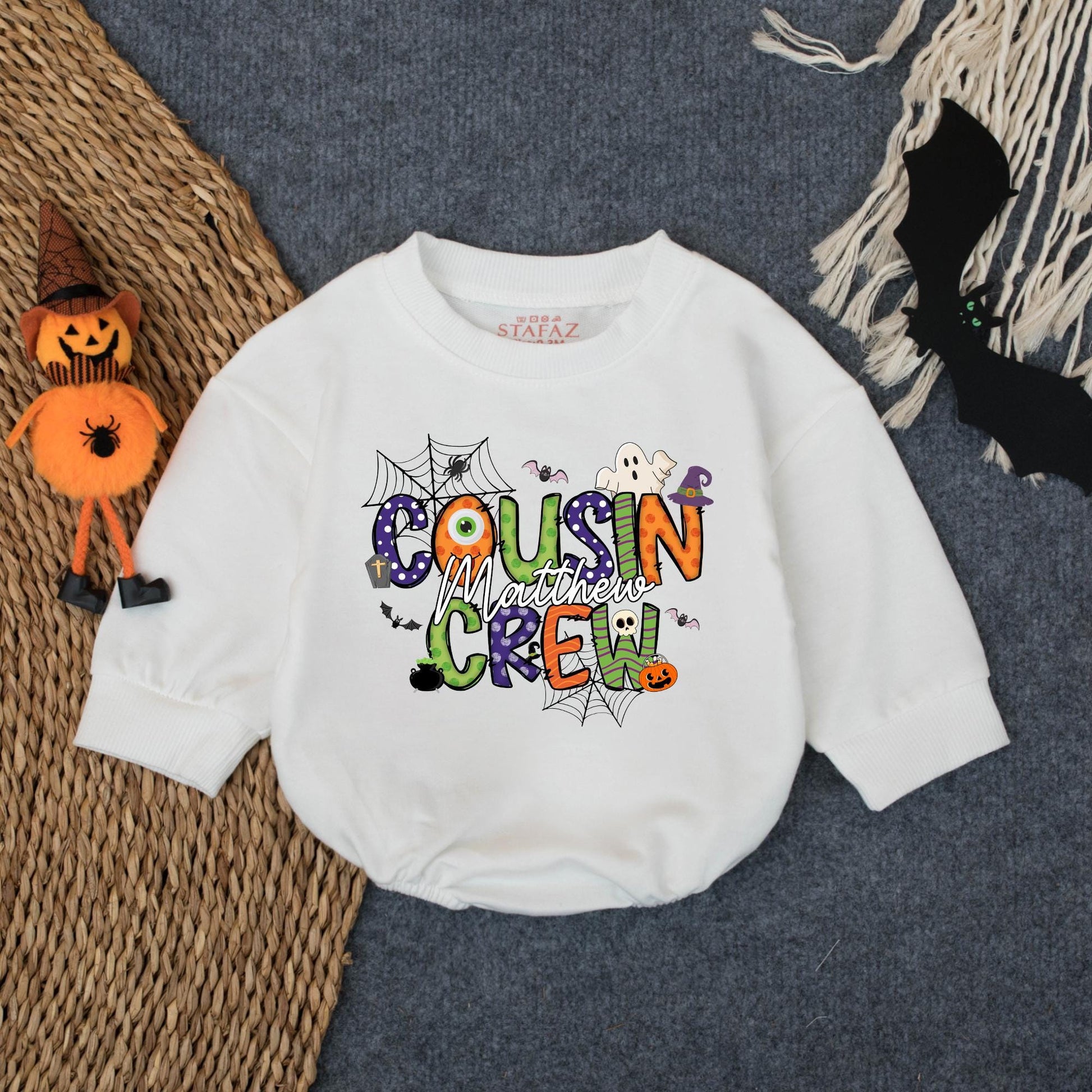 Custom Name Cousin Crew Halloween Bubble Romper - Matching Family Outfit for Baby & Toddler Spooky Fun - Fall Gift Idea (138 chars)