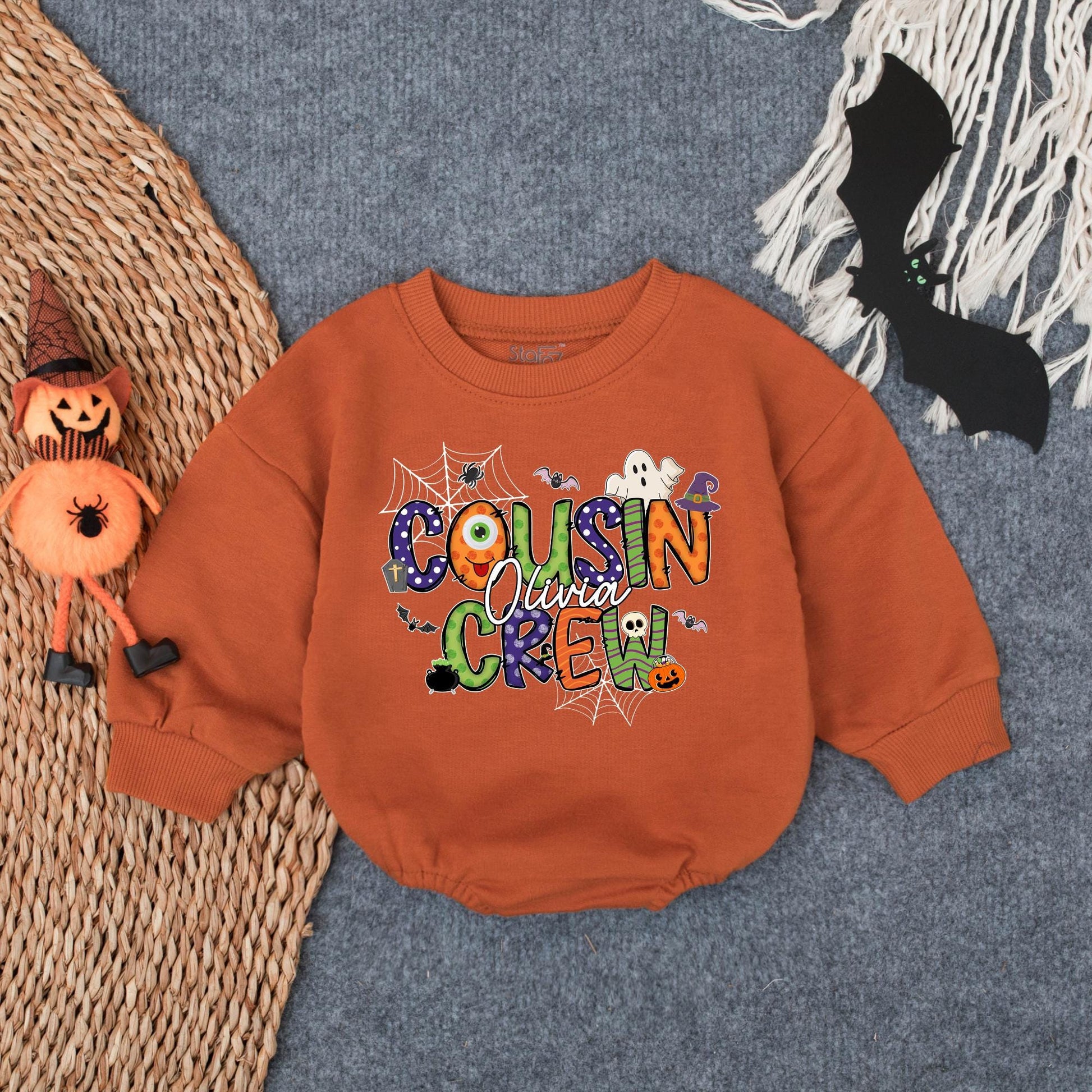 Custom Name Cousin Crew Halloween Bubble Romper - Matching Family Outfit for Baby & Toddler Spooky Fun - Fall Gift Idea (138 chars)