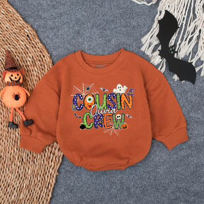 Custom Name Cousin Crew Halloween Bubble Romper - Matching Family Outfit for Baby & Toddler Spooky Fun - Fall Gift Idea (138 chars)