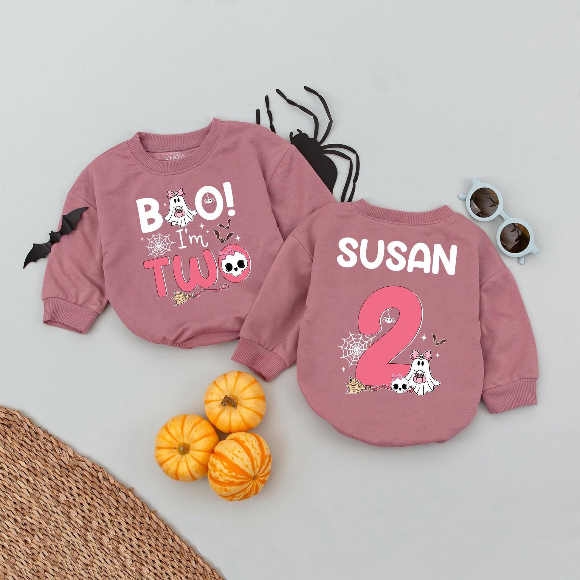 Personalized "Boo! I'm Two" Baby Girl Romper 2nd Birthday Spooky Season Halloween Outfit Cute Ghost Skull Bats Toddler Celebration Gift