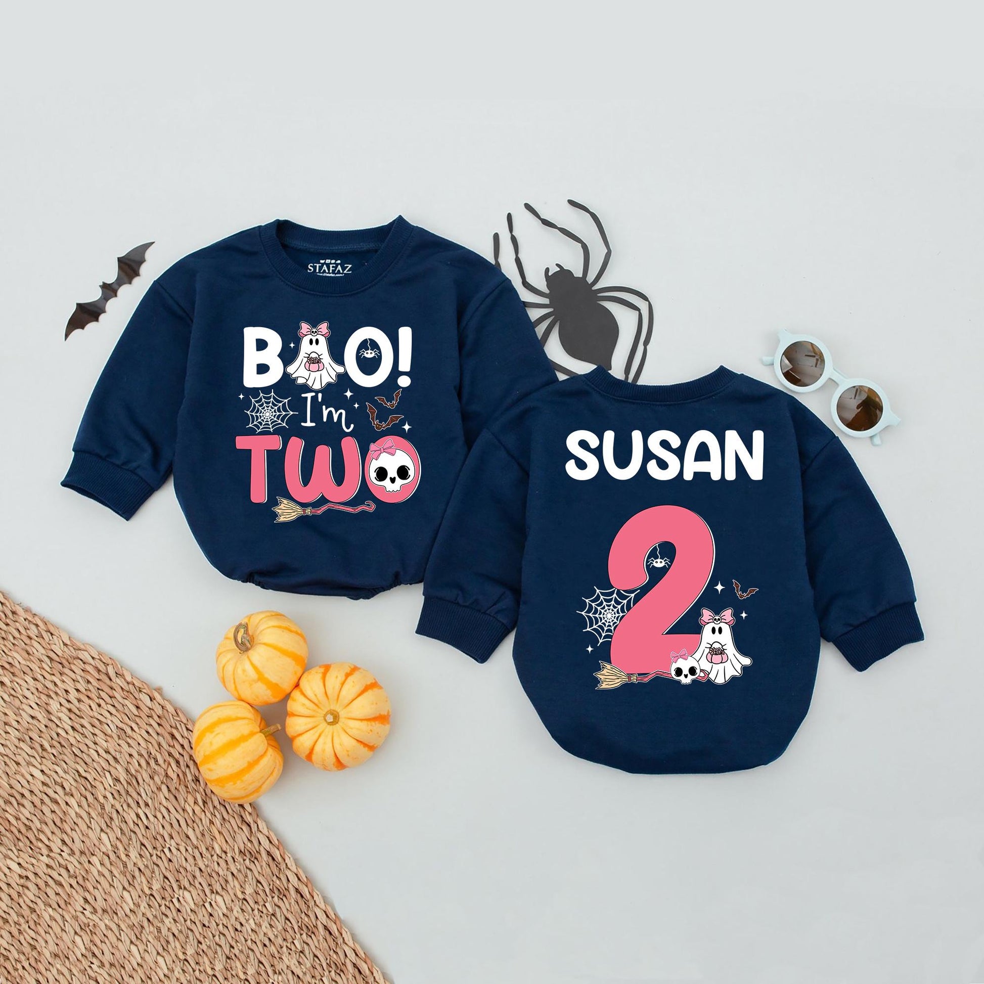Personalized "Boo! I'm Two" Baby Girl Romper 2nd Birthday Spooky Season Halloween Outfit Cute Ghost Skull Bats Toddler Celebration Gift