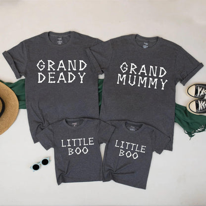 Spooky Family Matching Halloween Shirts: Grand Deady, Grand Mummy & Little Boo Bone Font Tees, Festive Group Costume Outfits, Playful Holiday Look