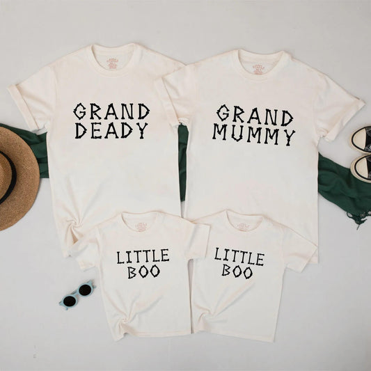 Spooky Family Matching Halloween Shirts: Grand Deady, Grand Mummy & Little Boo Bone Font Tees, Festive Group Costume Outfits, Playful Holiday Look