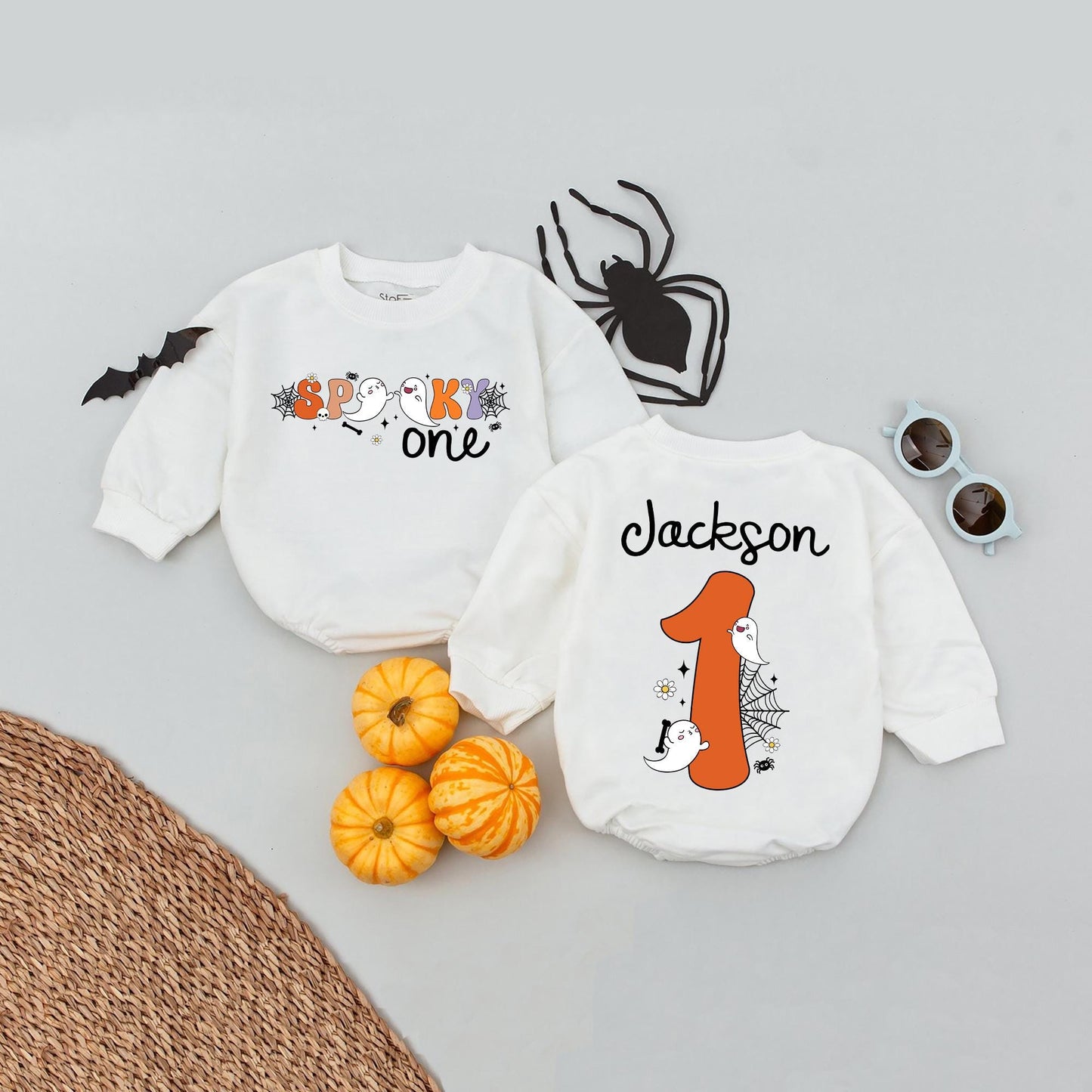 Personalized Spooky One Baby Romper My First Halloween Outfit Cute Ghost Spiderweb Purple Orange White