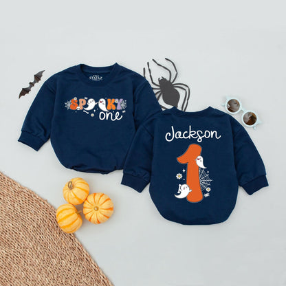Personalized Spooky One Baby Romper My First Halloween Outfit Cute Ghost Spiderweb Purple Orange White
