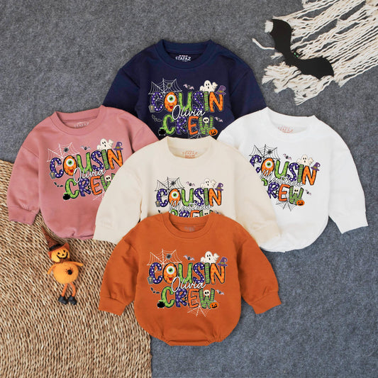 Custom Name Cousin Crew Halloween Bubble Romper - Matching Family Outfit for Baby & Toddler Spooky Fun - Fall Gift Idea (138 chars)