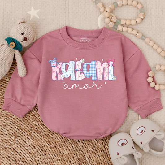 Personalized Pastel Name Baby Bubble Romper with Floral & Gingham Design, Cute Baby Girl Clothes, Baby Shower Gift