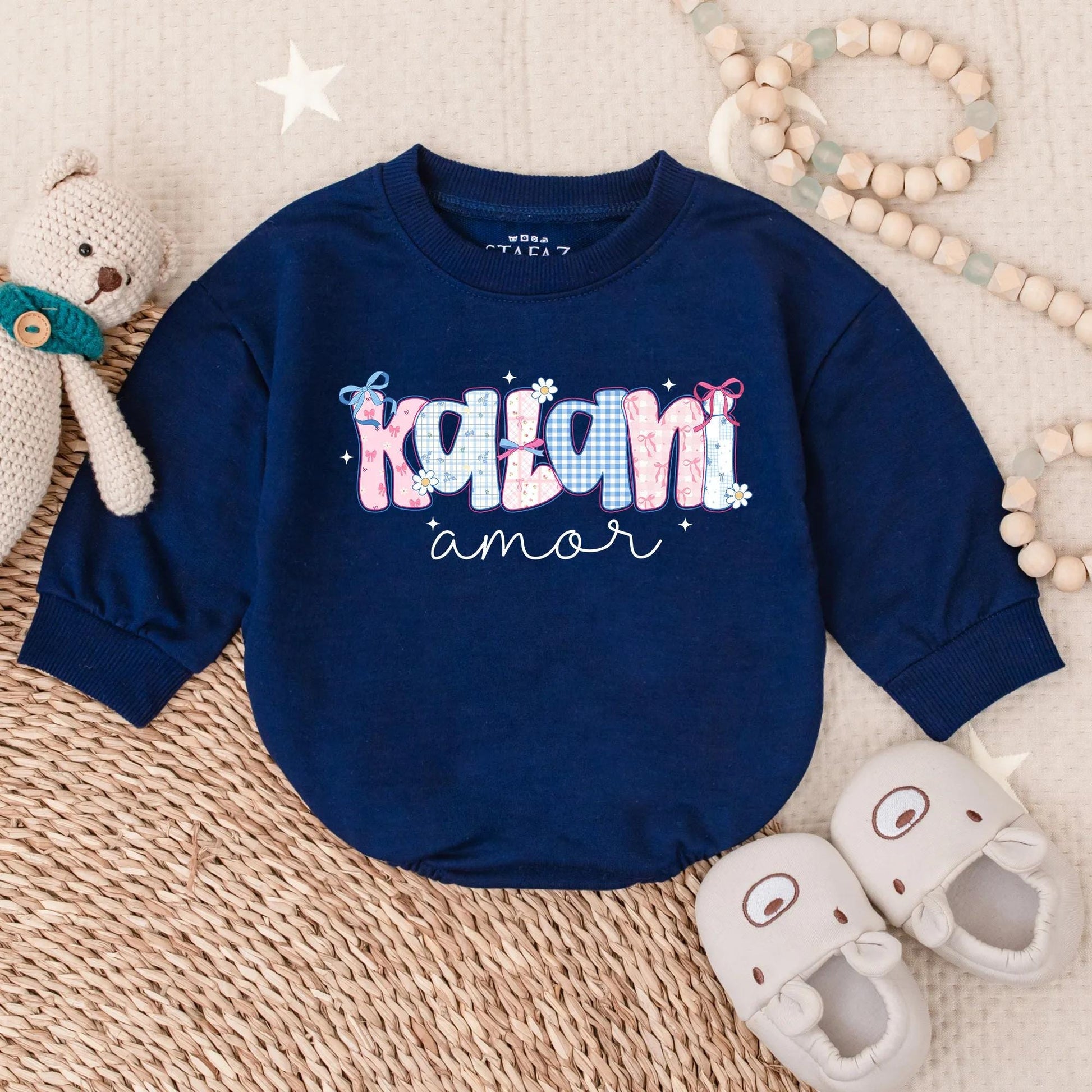 Personalized Pastel Name Baby Bubble Romper with Floral & Gingham Design, Cute Baby Girl Clothes, Baby Shower Gift