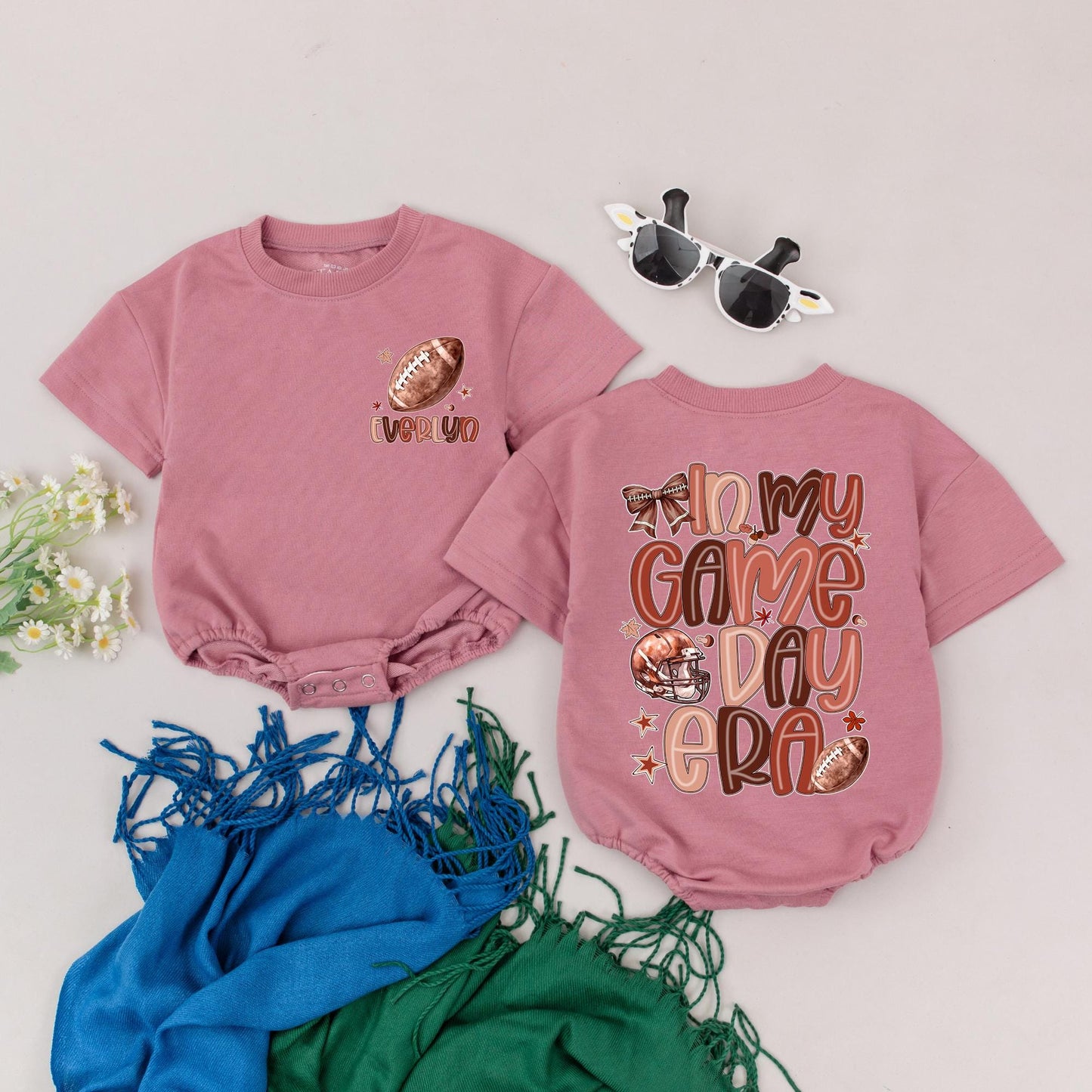 Personalized Game Day Romper: Retro Football Outfit with Custom Name, In My Game Day Era Baby Bodysuit, Football Bow, Perfect Newborn Shower Gift 139