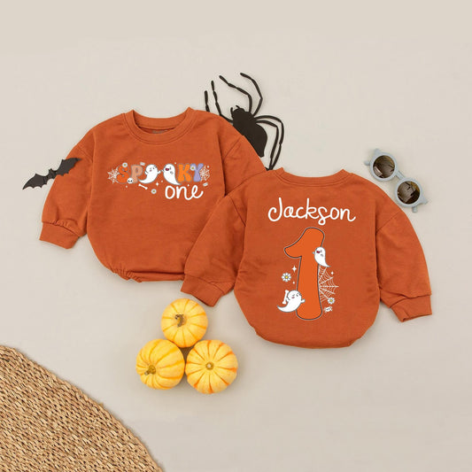 Personalized Spooky One Baby Romper My First Halloween Outfit Cute Ghost Spiderweb Purple Orange White