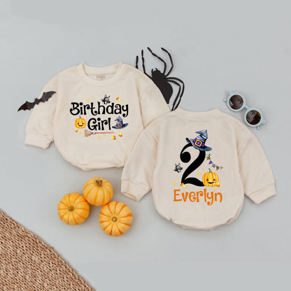 Personalized Second Halloween Birthday Girl Bubble Romper featuring Cute Witch Hat Pumpkin Bat & Candy Corn Design with Custom Name