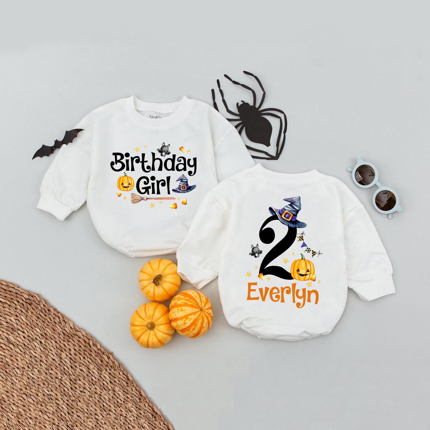 Personalized Second Halloween Birthday Girl Bubble Romper featuring Cute Witch Hat Pumpkin Bat & Candy Corn Design with Custom Name