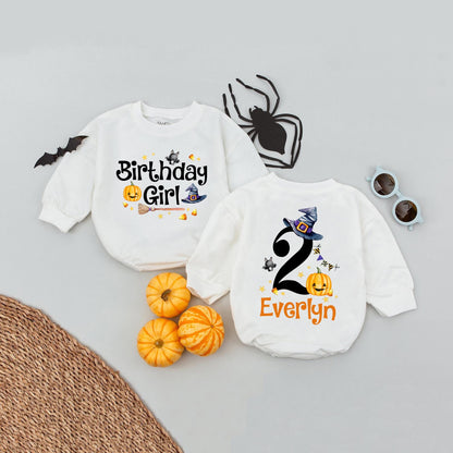 Personalized Second Halloween Birthday Girl Bubble Romper featuring Cute Witch Hat Pumpkin Bat & Candy Corn Design with Custom Name