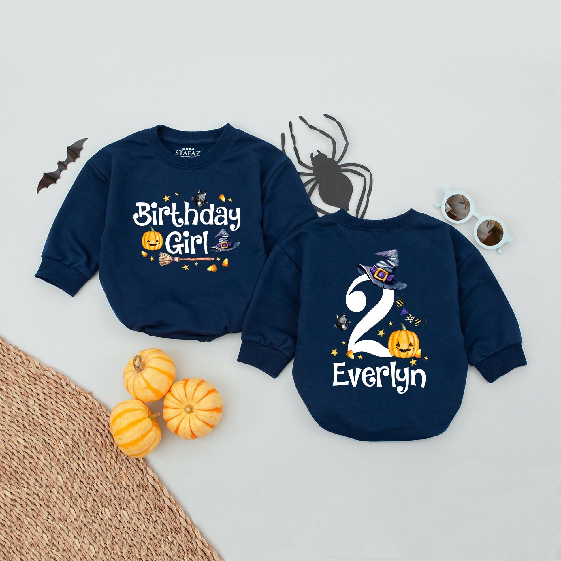 Personalized Second Halloween Birthday Girl Bubble Romper featuring Cute Witch Hat Pumpkin Bat & Candy Corn Design with Custom Name