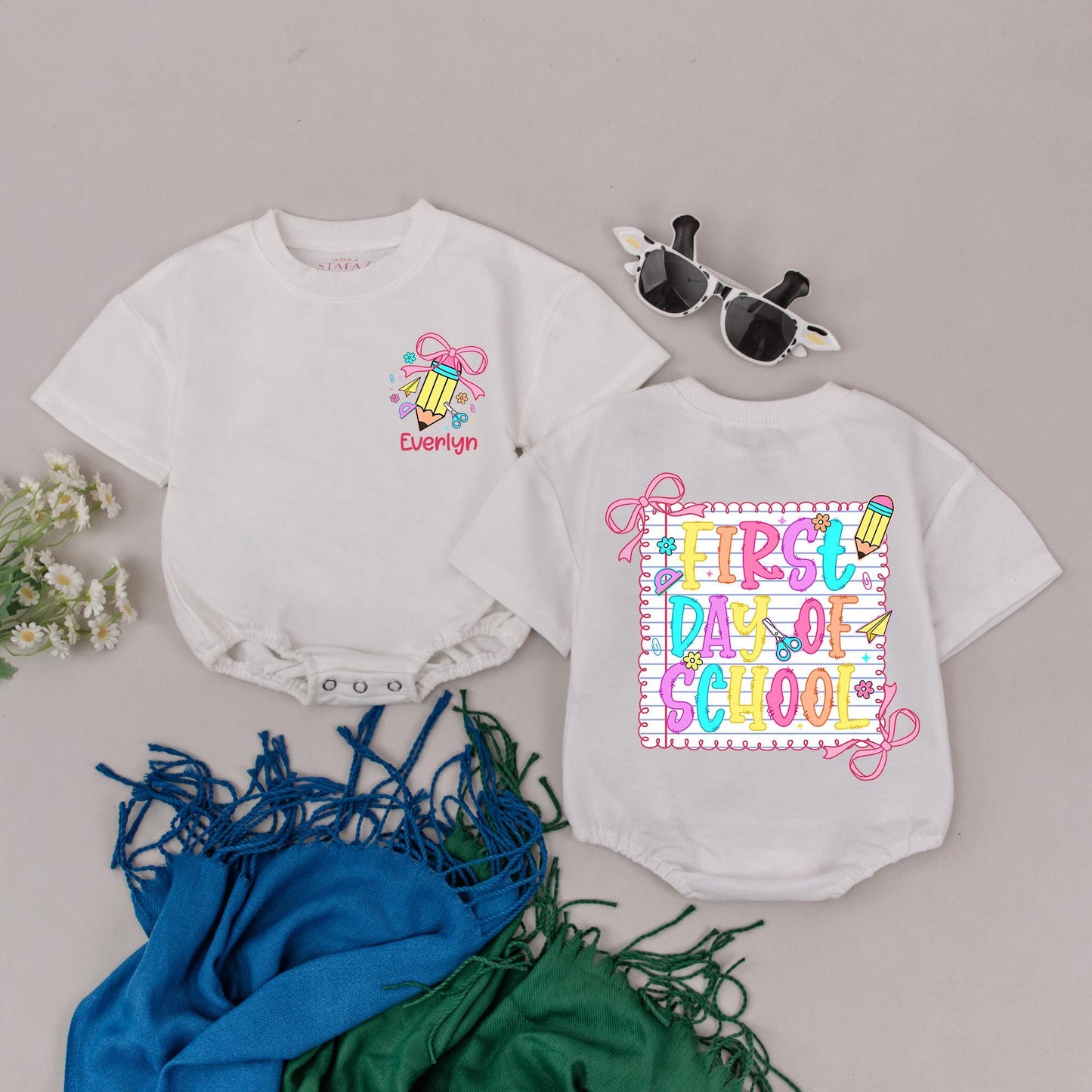 Everlyn's First Day Romper Personalized Name Back To School Outfit Toddler Preschool Bodysuit Colorful Pencil Bow