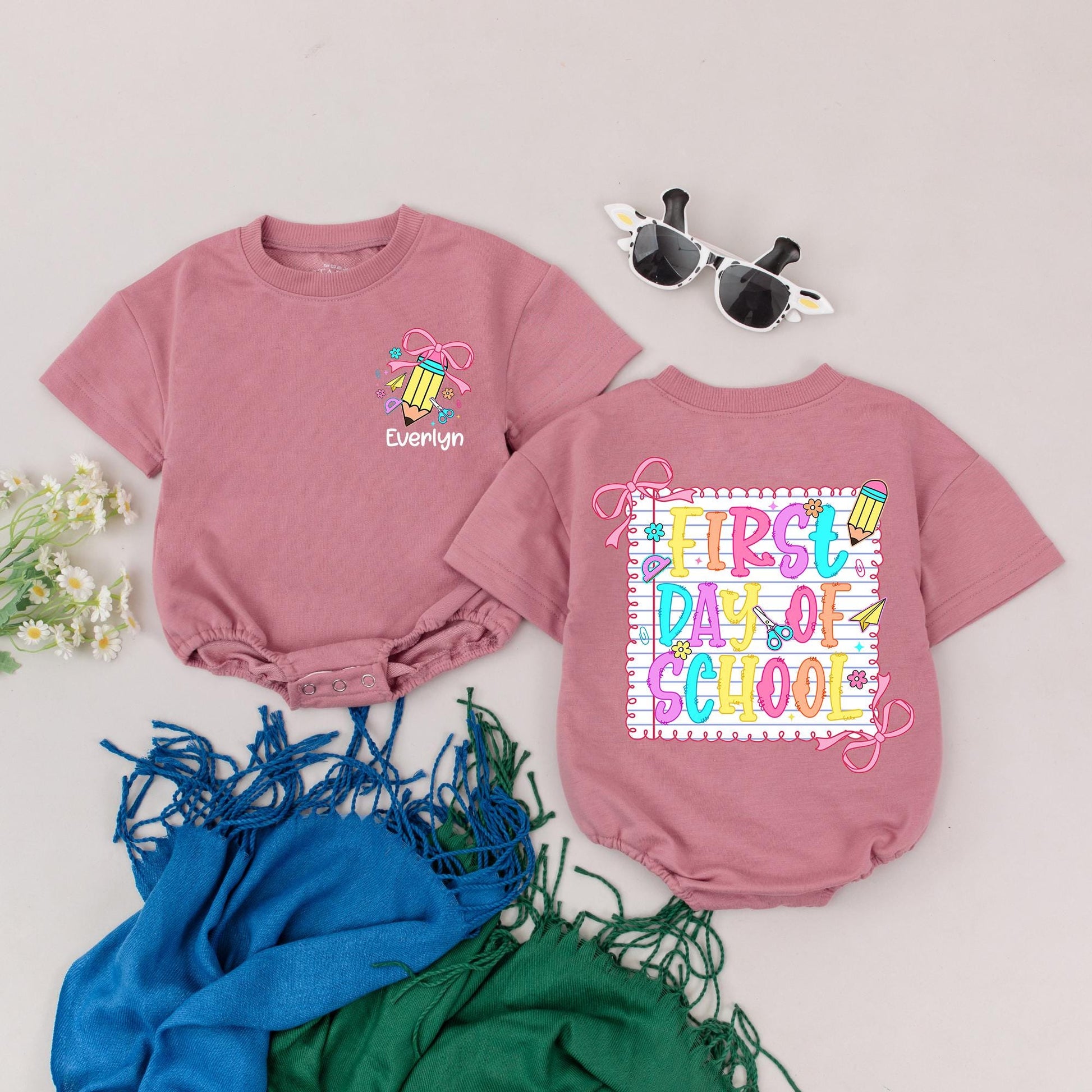Everlyn's First Day Romper Personalized Name Back To School Outfit Toddler Preschool Bodysuit Colorful Pencil Bow