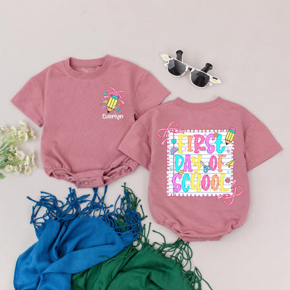 Everlyn's First Day Romper Personalized Name Back To School Outfit Toddler Preschool Bodysuit Colorful Pencil Bow