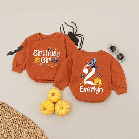 Personalized Second Halloween Birthday Girl Bubble Romper featuring Cute Witch Hat Pumpkin Bat & Candy Corn Design with Custom Name