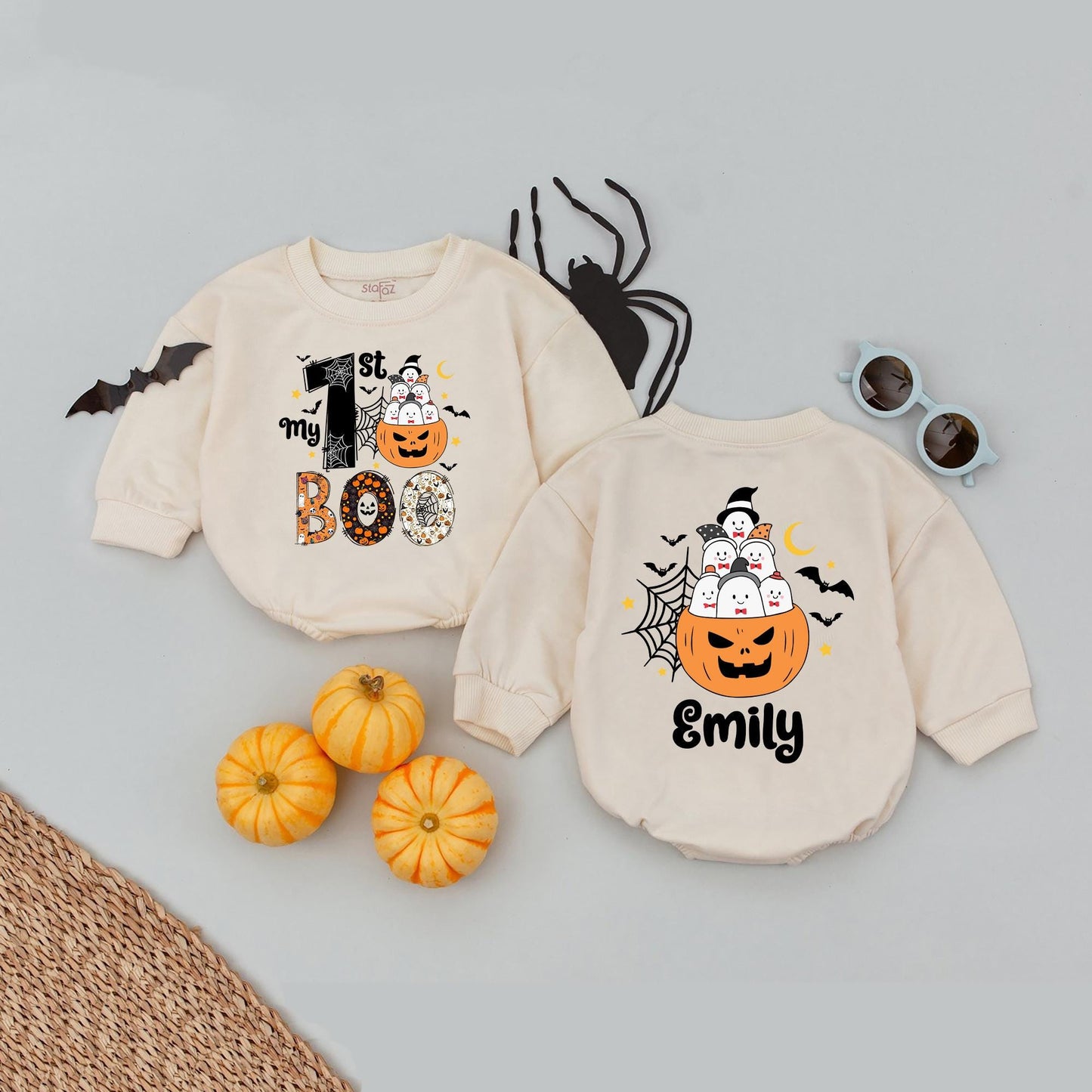 My 1st Boo Baby Romper Personalized with Little Ghost Pumpkin Halloween Outfit for Baby Girl Emily Custom Name Cute Fall Bodysuit